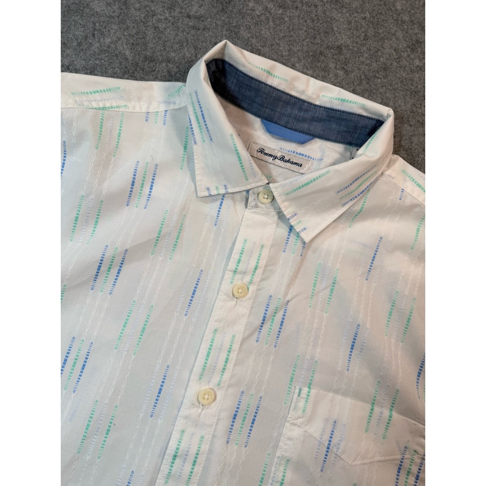 Tommy Bahama Mens XL Long Sleeve Button Down Shirt White Teal Blue Dash Pattern